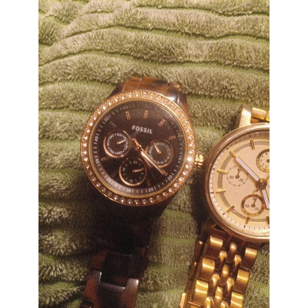 Lot of 2 Women's Fossil Watches Gold Chronograph ES2197 & Tortoise Shell ES2795